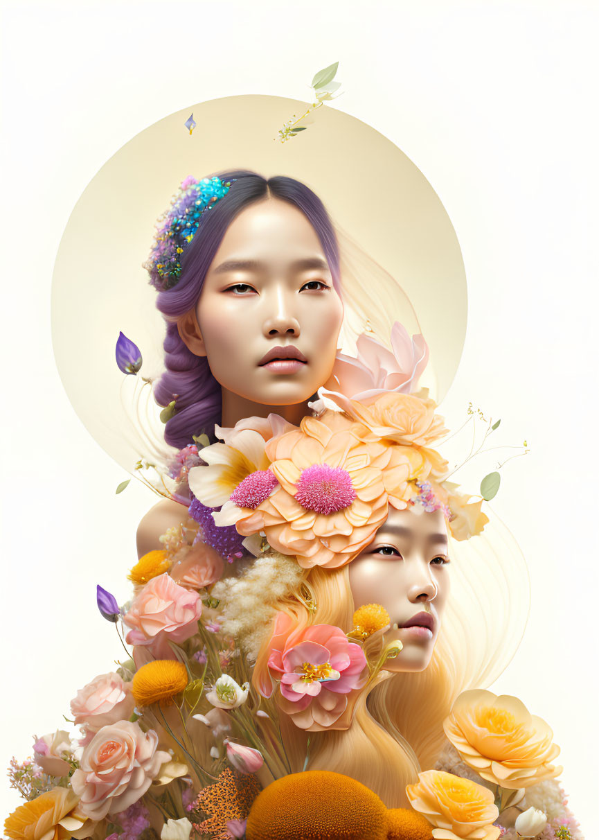 Two Serene Figures Surrounded by Vibrant Flowers
