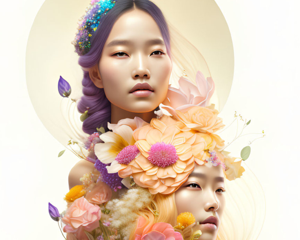 Two Serene Figures Surrounded by Vibrant Flowers