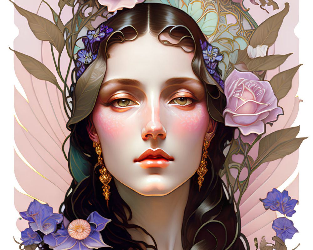 Detailed illustration: Woman’s face with pink roses, blue flowers, ornamental patterns, and pastel