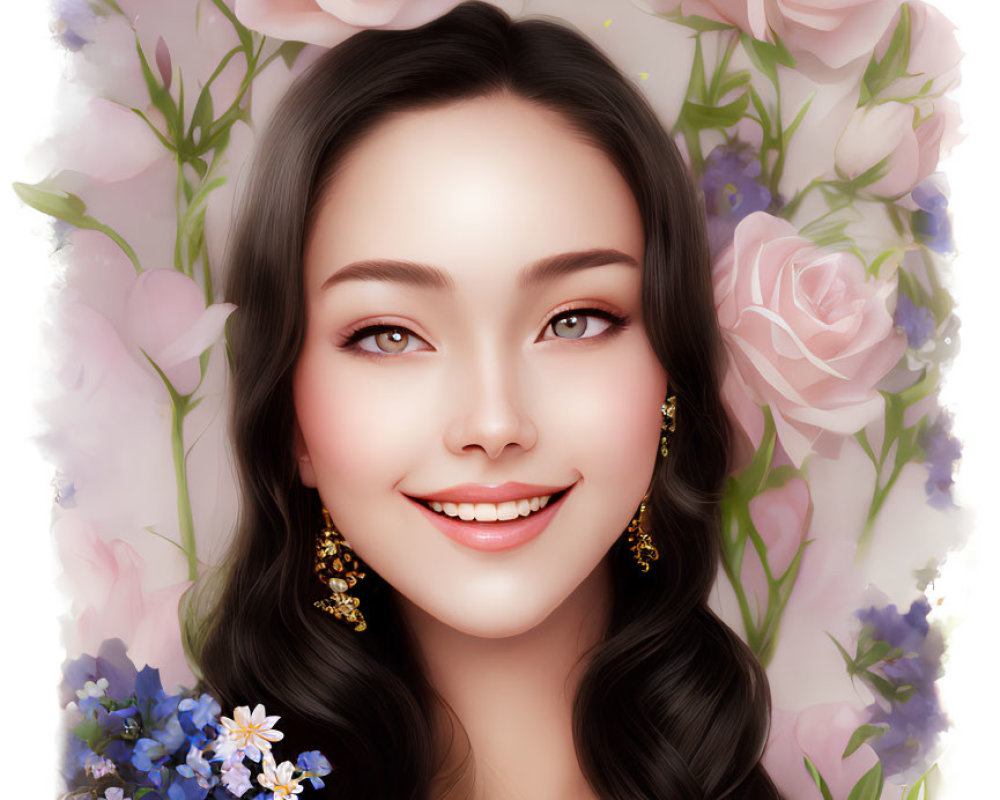 Smiling woman with pink roses, blue flowers, and gold jewelry.
