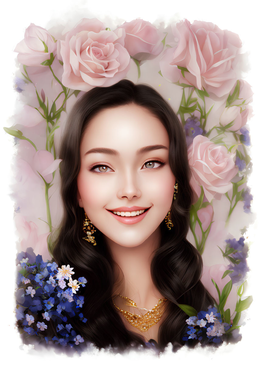 Smiling woman with pink roses, blue flowers, and gold jewelry.