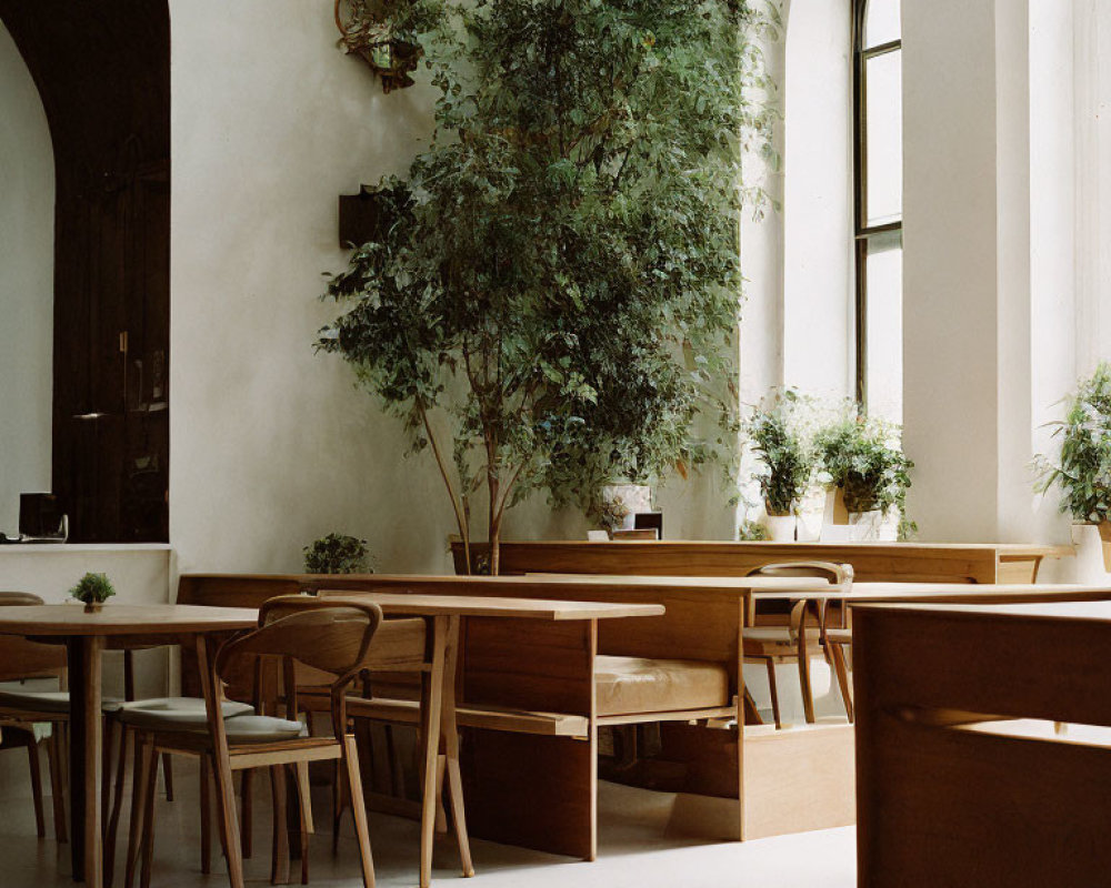 Room with Arched Windows, Wooden Furniture, and Green Plants