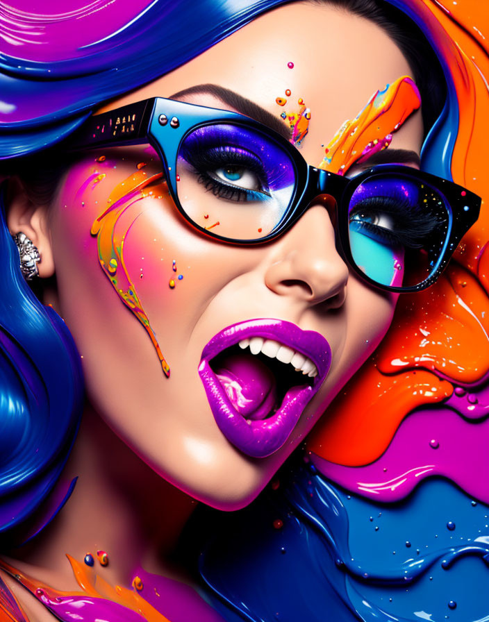Colorful portrait of a woman with paint splashes, blue eyeshadow, magenta lips,