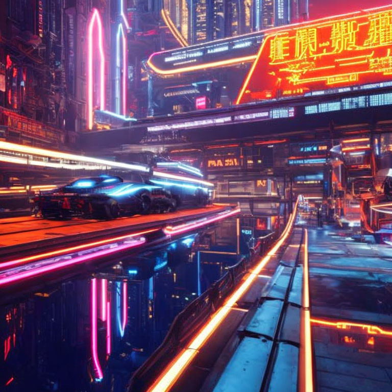 Futuristic night cityscape with neon lights, flying car, and glowing Asian billboards