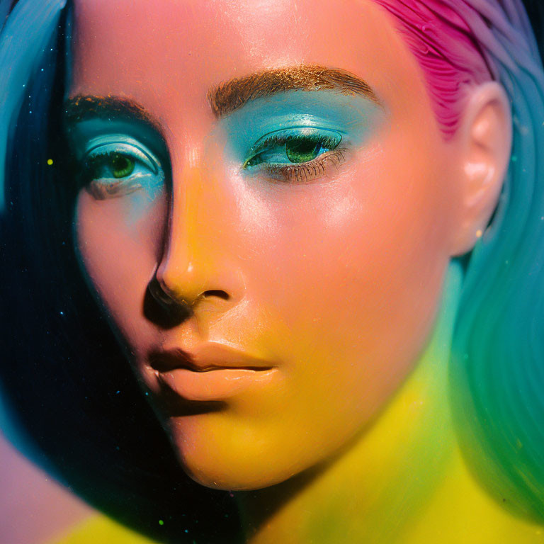 Detailed Close-Up of Vibrant Rainbow Makeup with Teal Eyebrows and Pink Hair