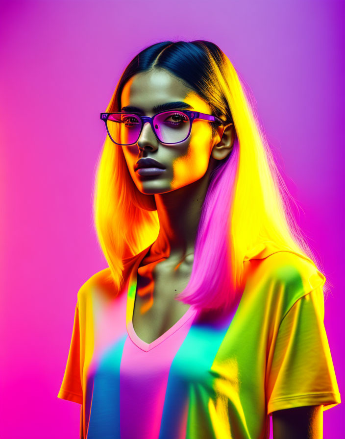 Stylish woman with glasses in vibrant neon setting