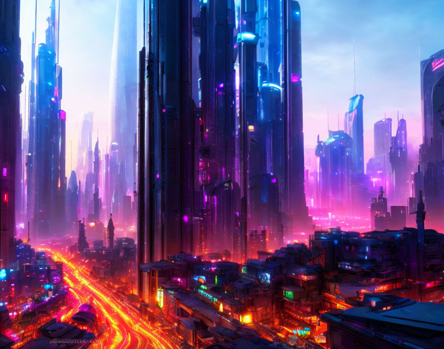 Futuristic cityscape at dusk with neon lights, skyscrapers, and bustling traffic captured in
