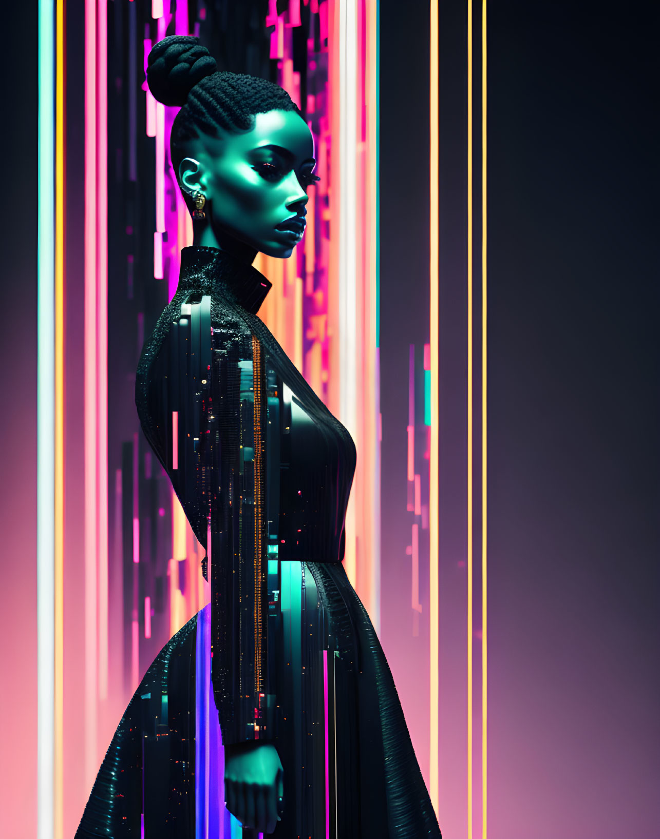 Futuristic 3D illustration of dark-skinned woman in black dress with neon-lit backdrop