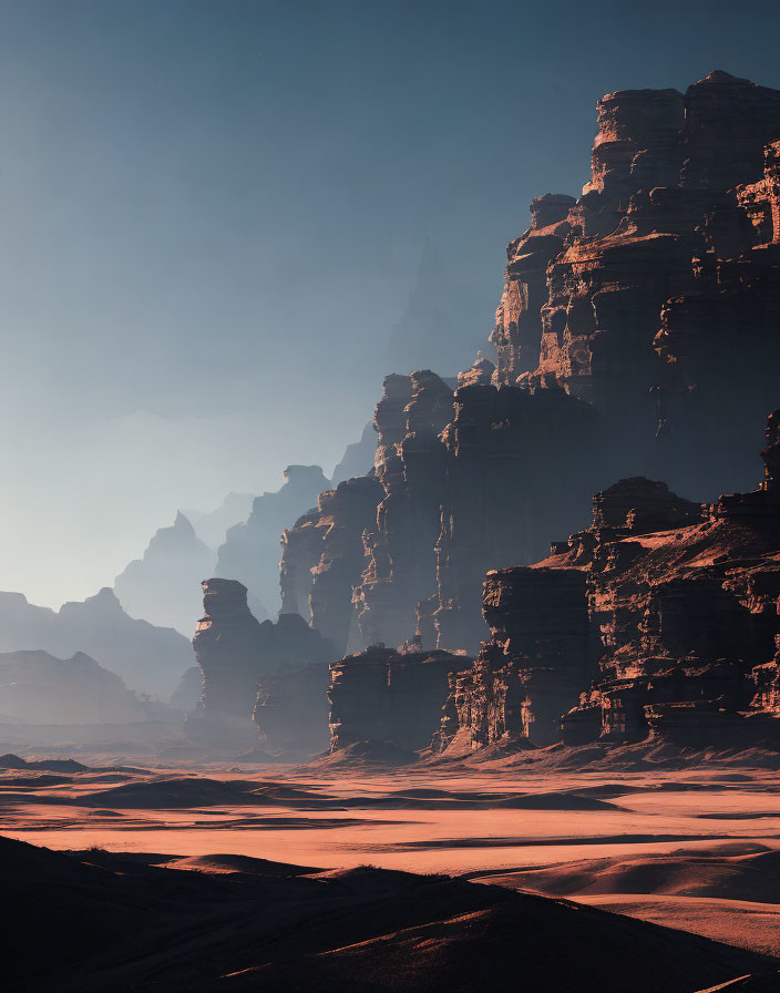 Desert landscape with towering rock formations and soft light casting shadows