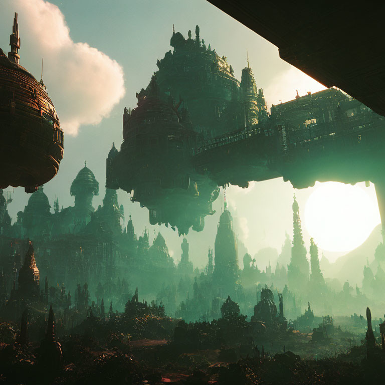 Intricate architecture in fantastical floating city with large sun and clouds