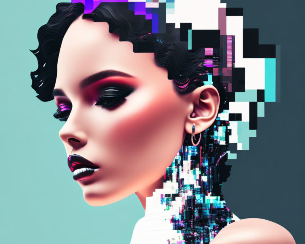 Digital artwork: Woman with pixelated effect blending human features and digital art