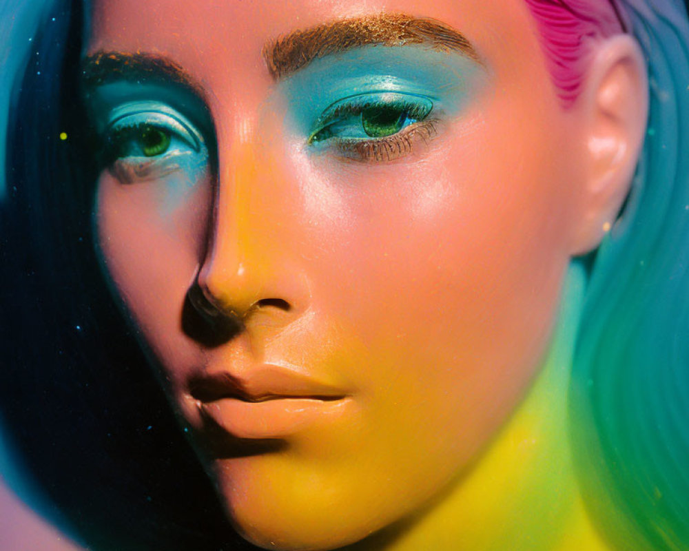 Detailed Close-Up of Vibrant Rainbow Makeup with Teal Eyebrows and Pink Hair