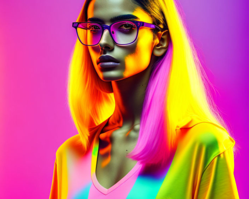 Stylish woman with glasses in vibrant neon setting