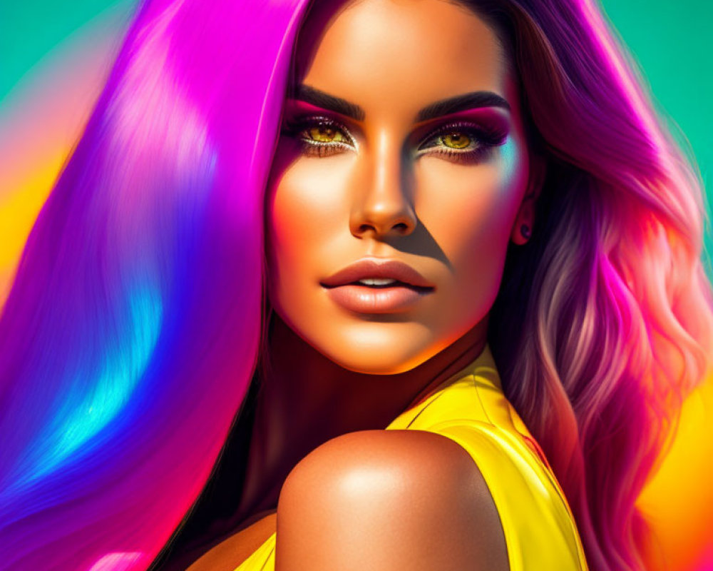 Vibrant neon-colored hair woman with yellow eye shadow portrait