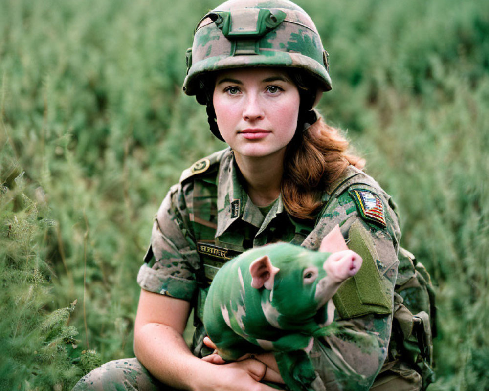 Woman in Camouflage Holding Camo Piglet in Green Field