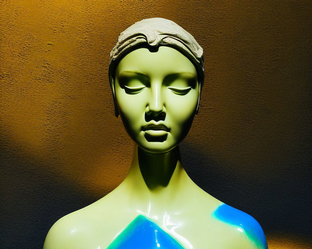 Stone-like mannequin bust with headband on orange background, lit with blue and yellow hues