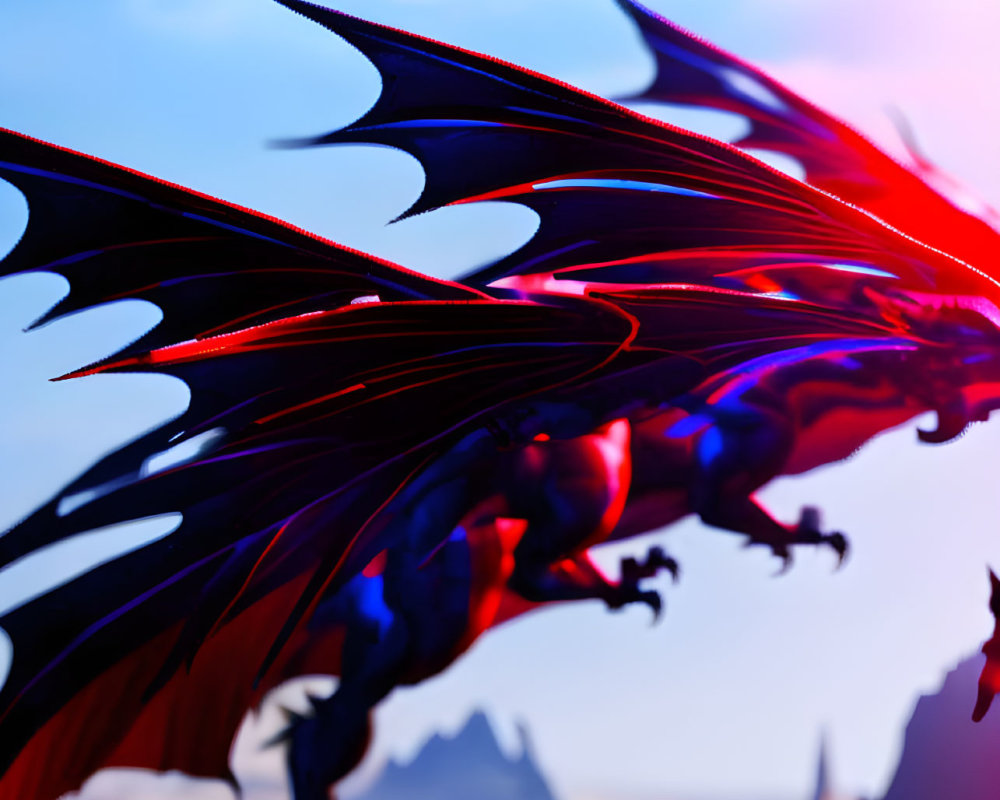 Colorful Dragon Artwork: Red and Blue Dragon with Wings in Dramatic Sky