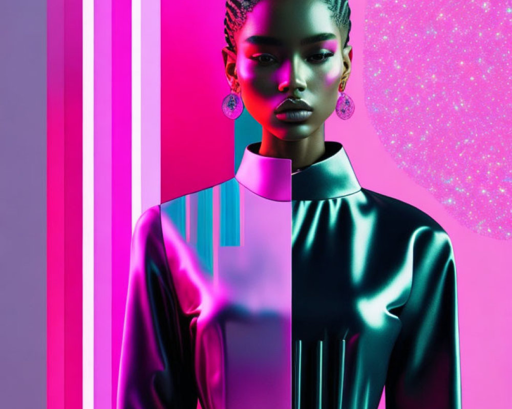 Digital artwork featuring metallic woman on neon background