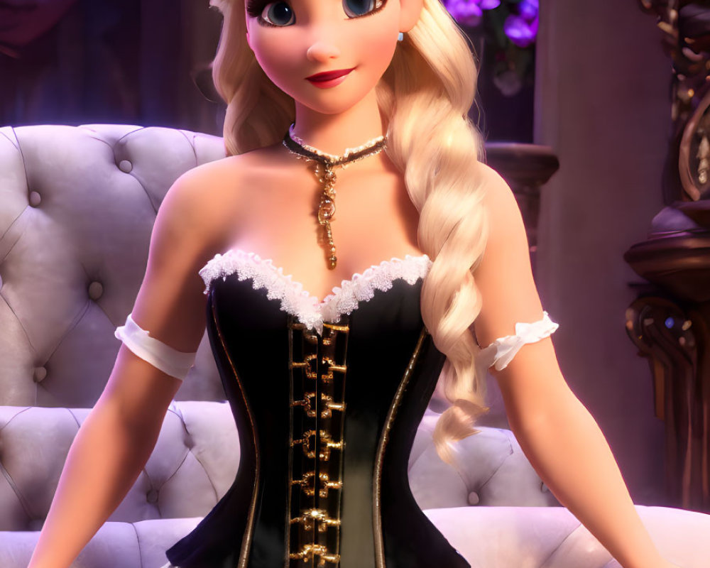 Animated character with braid in corset on Victorian sofa