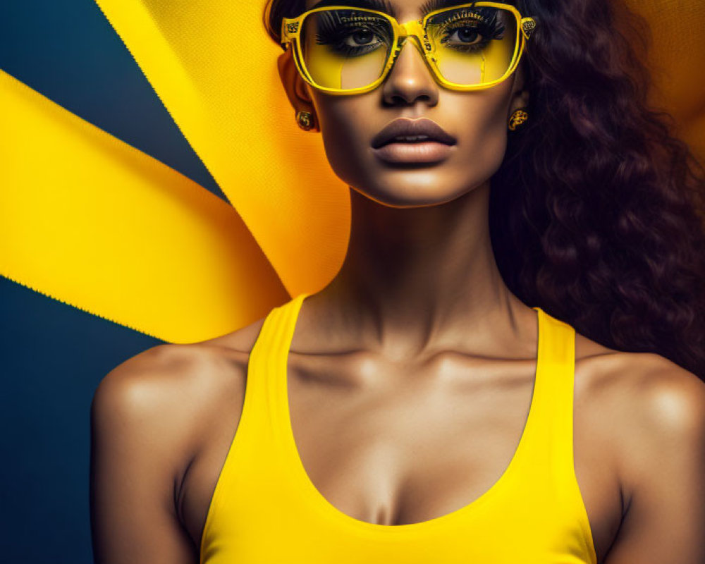 Curly-Haired Woman in Yellow Sunglasses and Top on Blue and Yellow Background