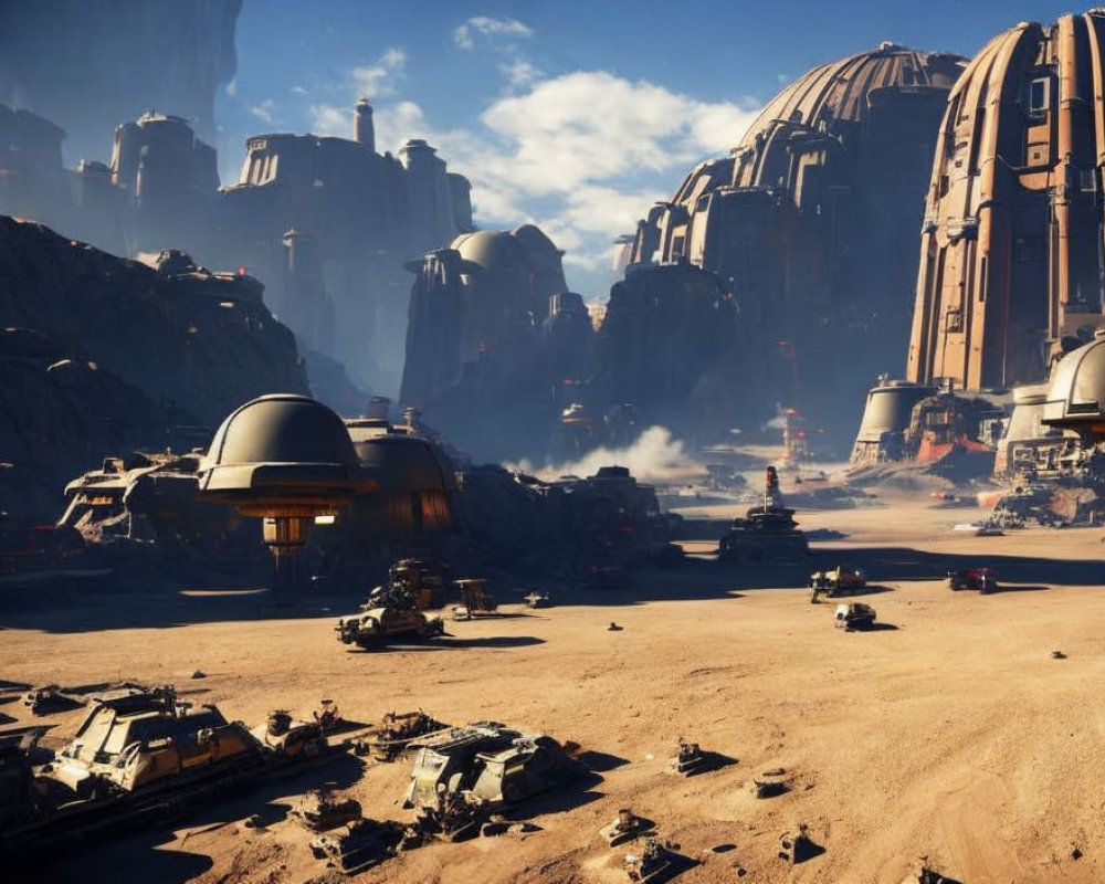 Futuristic sci-fi desert base with buildings, vehicles, cliffs, and blue sky