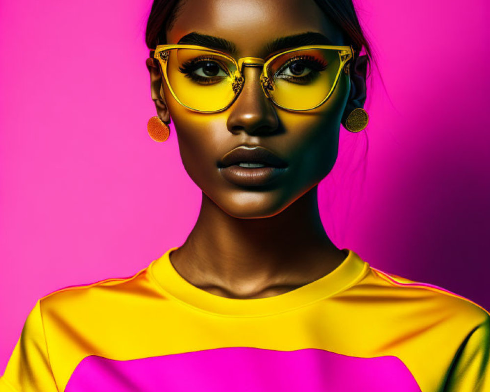 Woman in yellow-framed glasses and earrings on pink background with bold text.