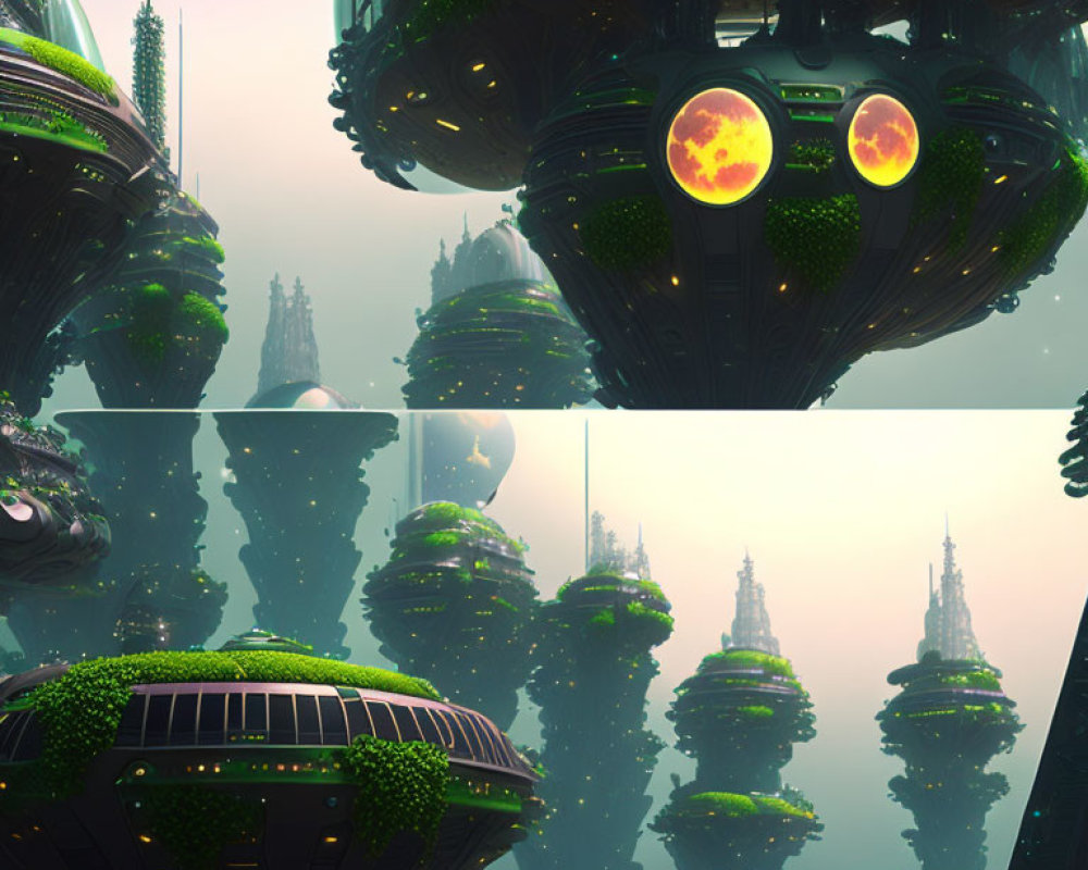 Futuristic cityscape with greenery-covered towers and flying structure reflected on water.