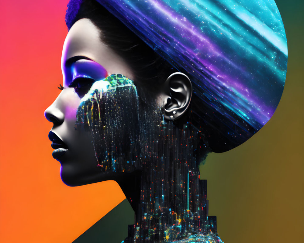 Woman with Cosmic Headpiece and Cityscape Body on Multicolored Background