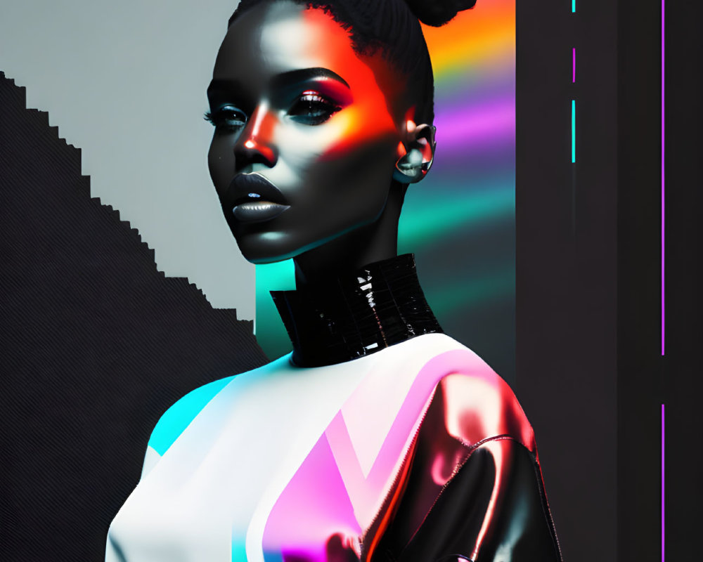Digital Artwork: Woman with Striking Makeup and Futuristic Outfit on Neon Abstract Background