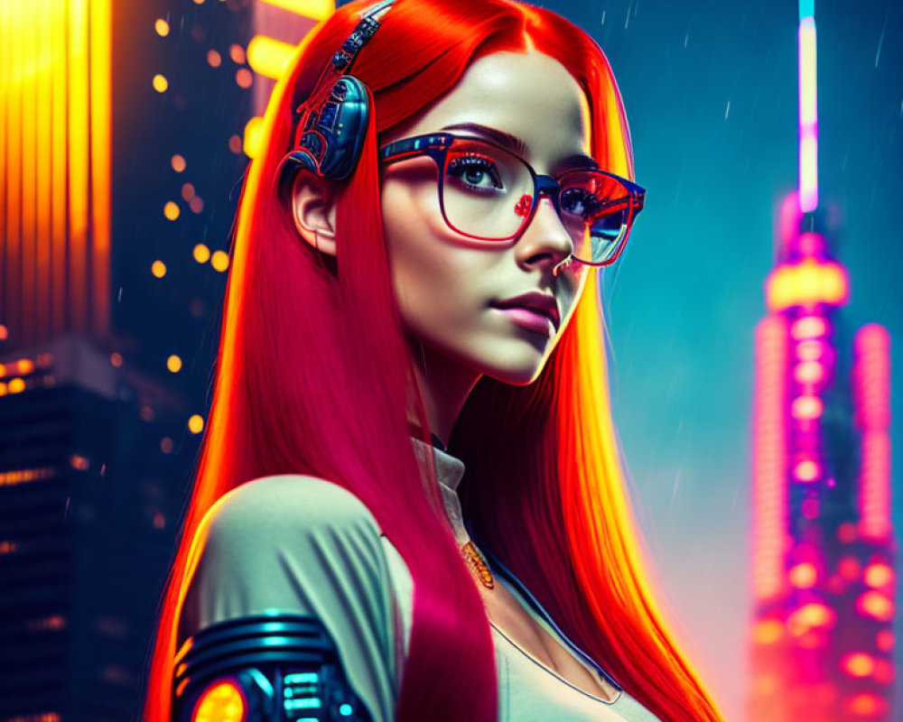 Red-haired woman with glasses in headphones against neon-lit futuristic cityscape
