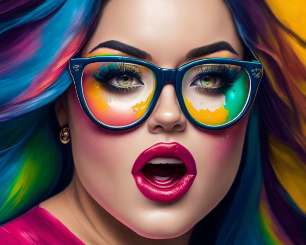 Colorful Woman with Multicolored Hair and Bold Makeup in Stylish Glasses