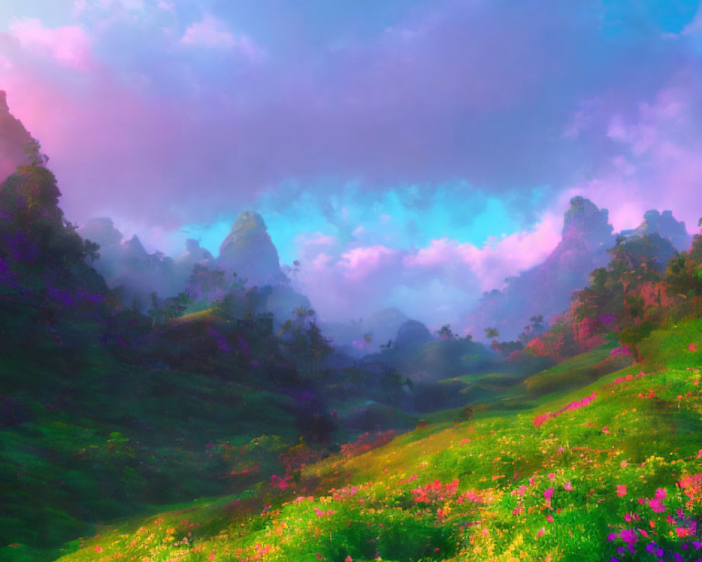 Colorful Landscape with Green Hills and Purple Mountains