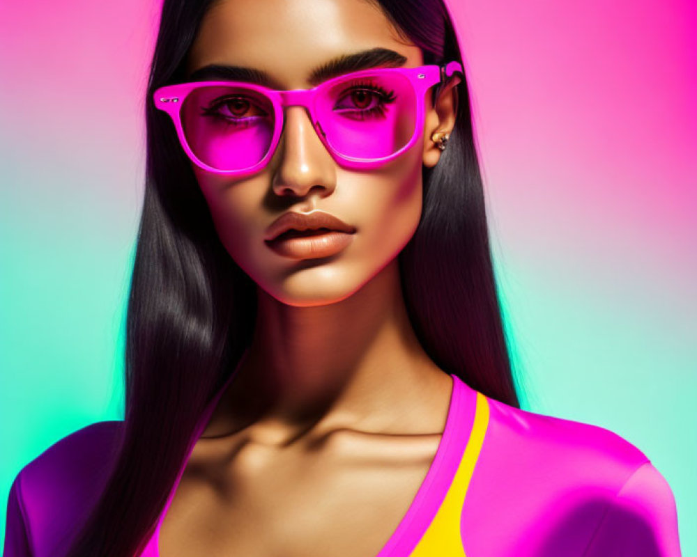 Woman in Pink Glasses and Neon Shirt on Turquoise-Pink Background