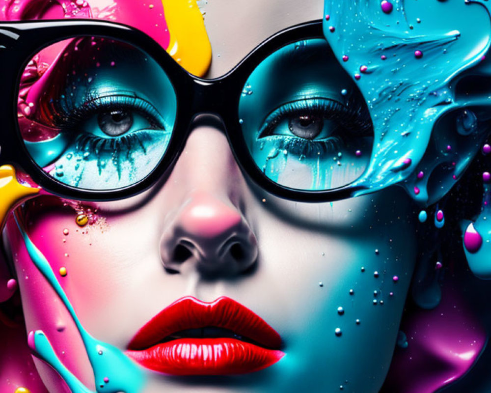 Abstract portrait of a woman with blue eyes and glasses in colorful swirls