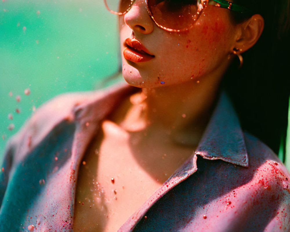Woman in Sunglasses and Denim Jacket with Pink Splatters on Blurred Pink and Green Background