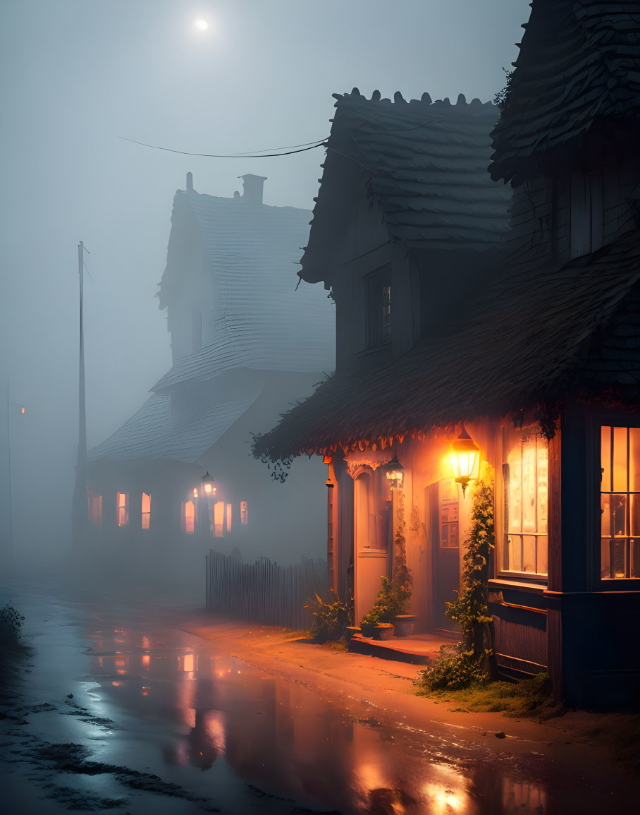 Foggy night street scene with warm light from house and streetlamp
