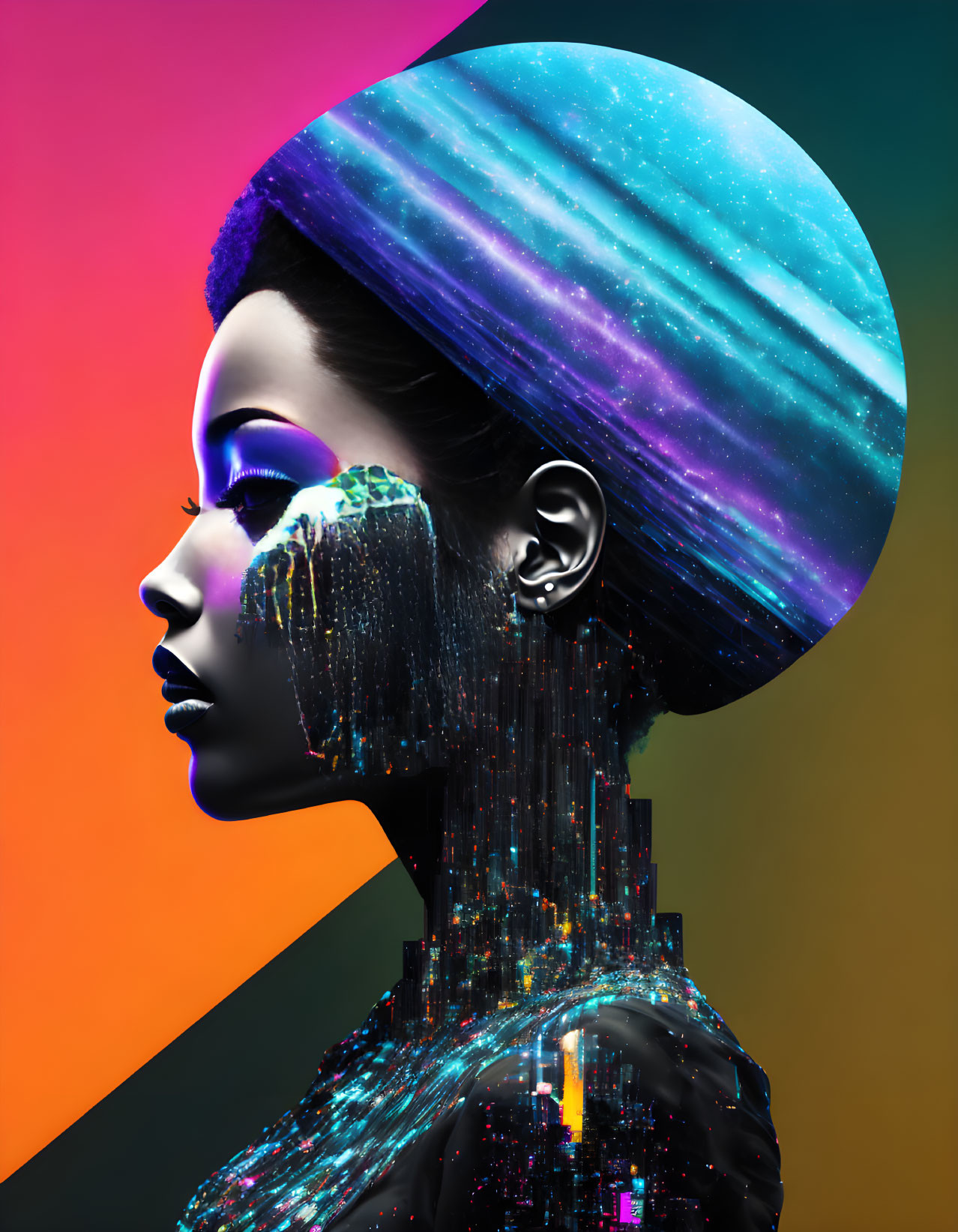 Woman with Cosmic Headpiece and Cityscape Body on Multicolored Background