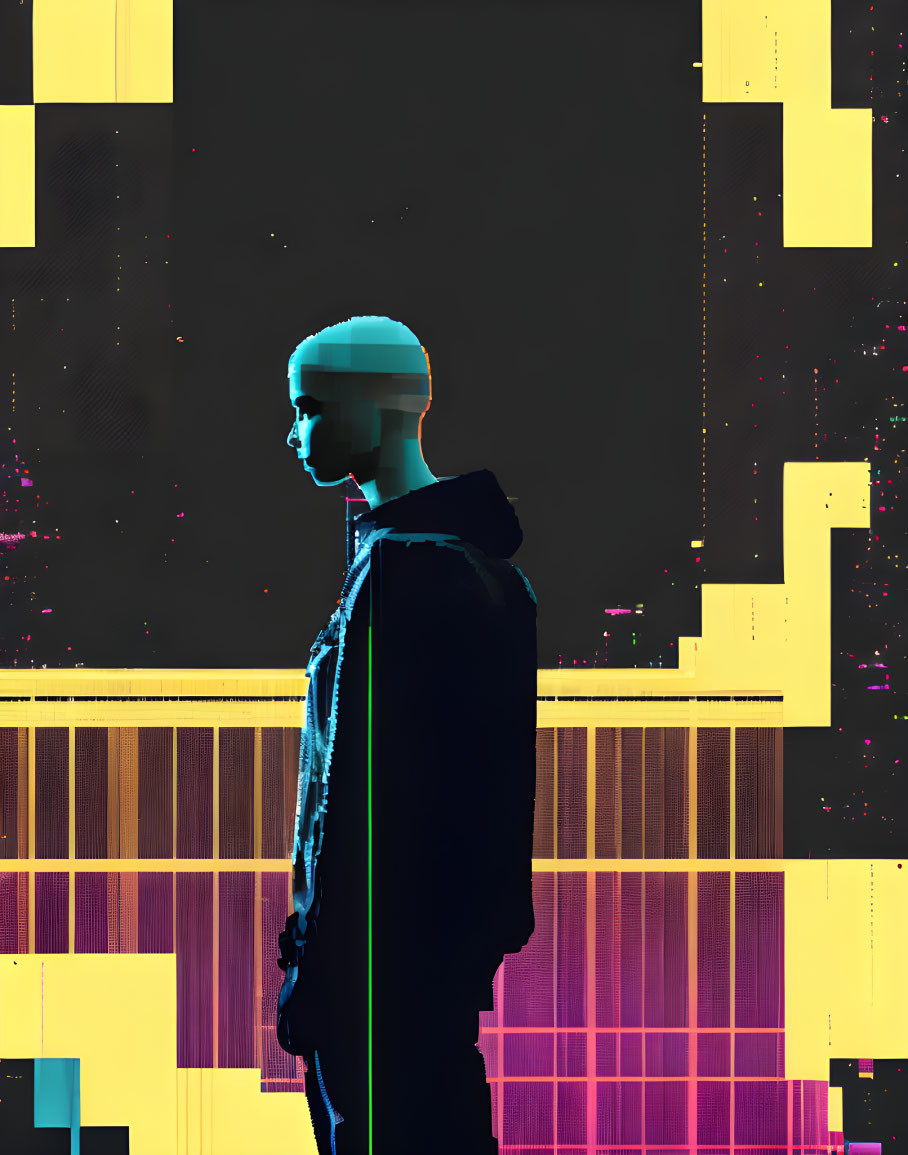 Profile view portrait with digital glitch art effect in vibrant yellow, pink, and cyan colors on dark background