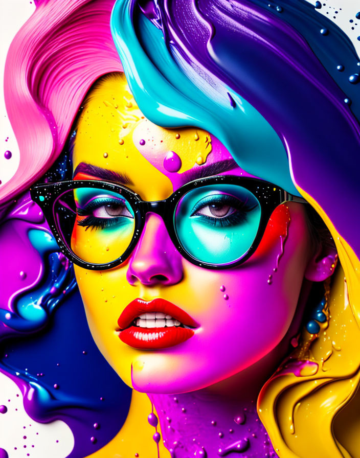 Colorful digital portrait of a woman with neon paint splashes and vibrant hair.