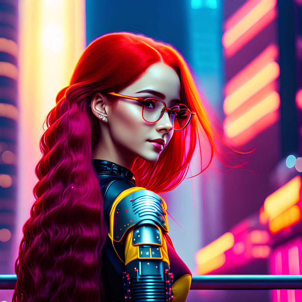 Red-haired woman in glasses with futuristic attire against neon cityscape.