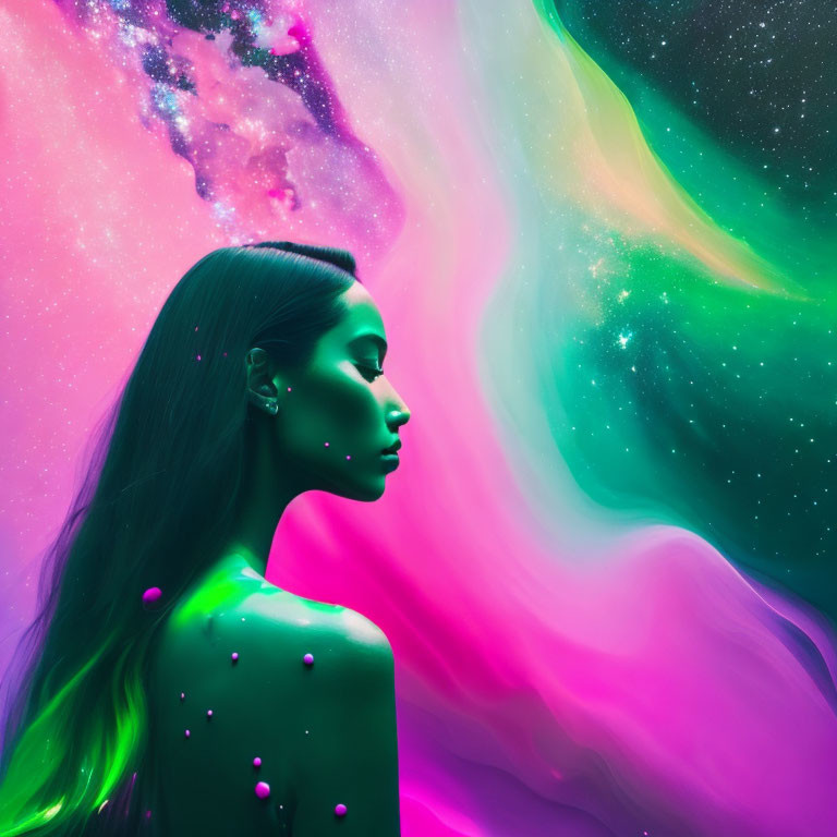 Woman's profile against swirling neon cosmic background