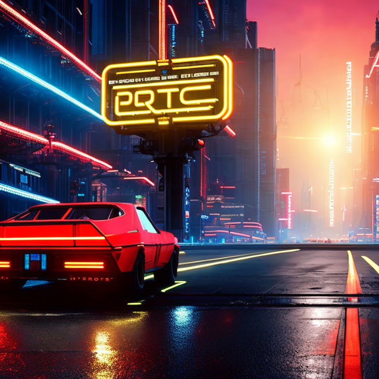 Futuristic Red Car in Neon-lit Cyberpunk City Street