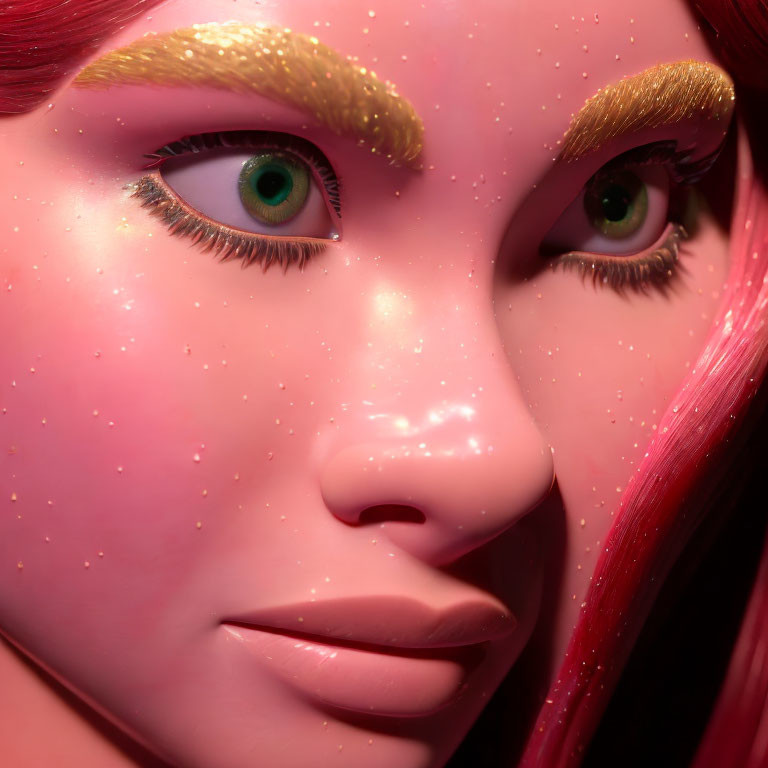 Detailed 3D-rendered female face with green eyes, gold-glittered eyebrows, pink skin