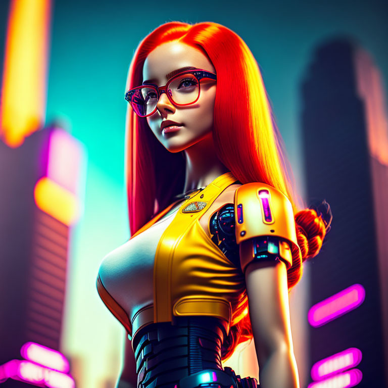 Stylized image of female character with red hair and glasses in futuristic yellow attire against neon-lit