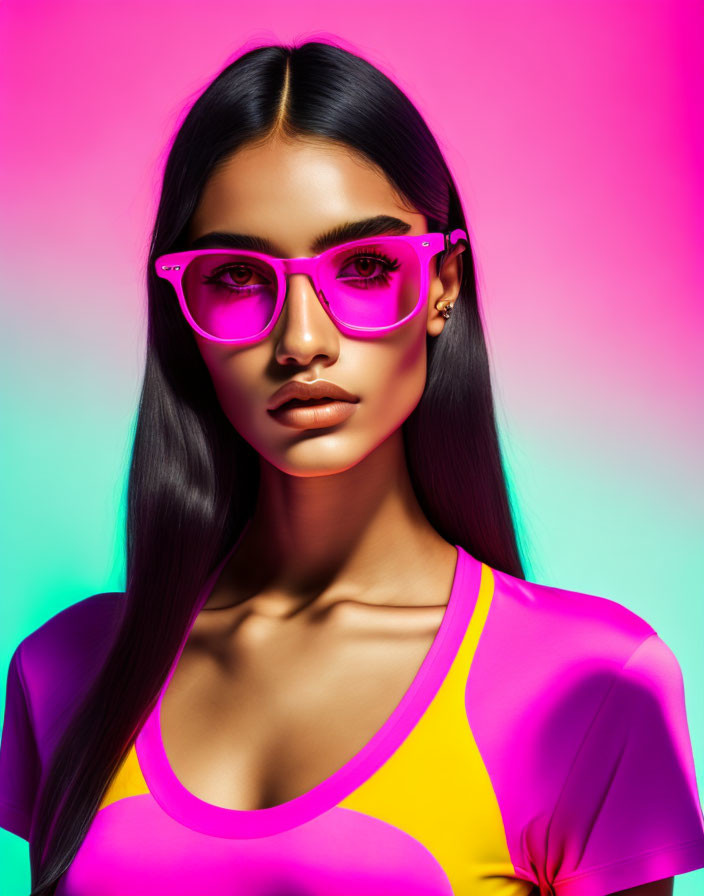 Woman in Pink Glasses and Neon Shirt on Turquoise-Pink Background