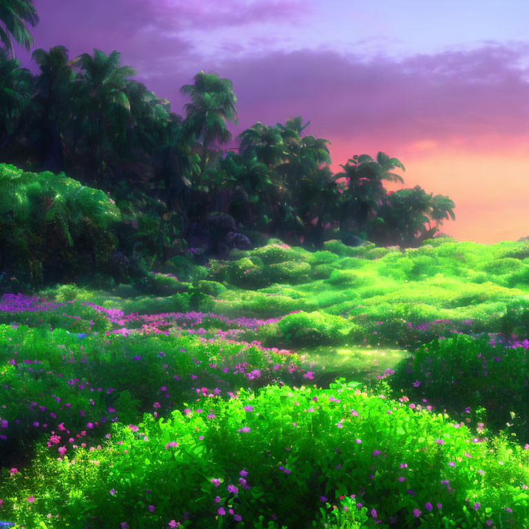 Vibrant forest with purple and pink flowers at dusk