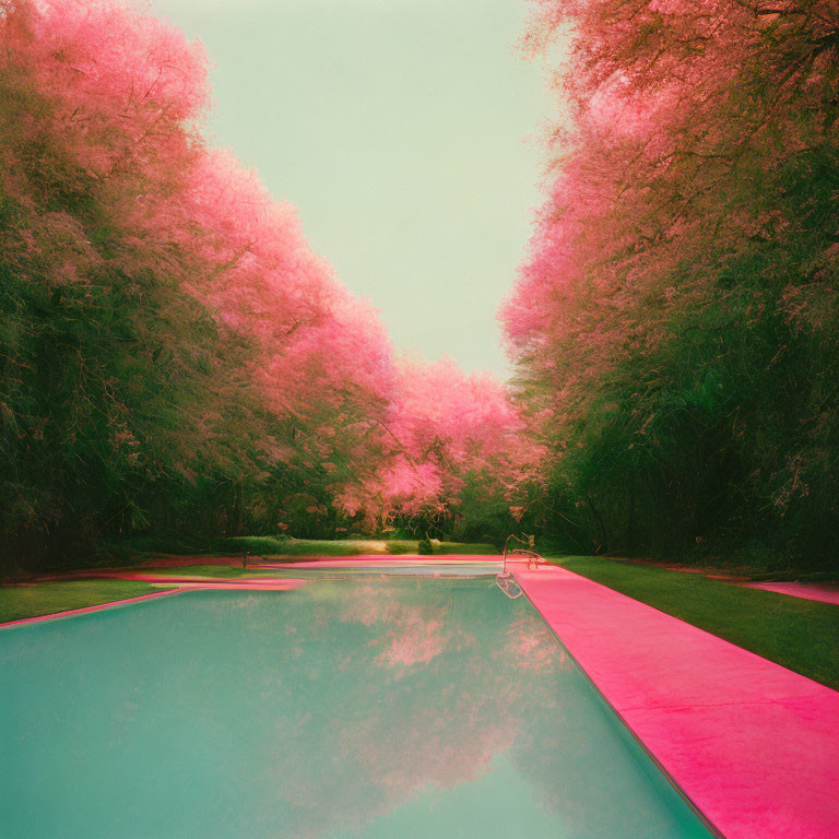 Tranquil Pool Surrounded by Vibrant Pink Path and Lush Trees