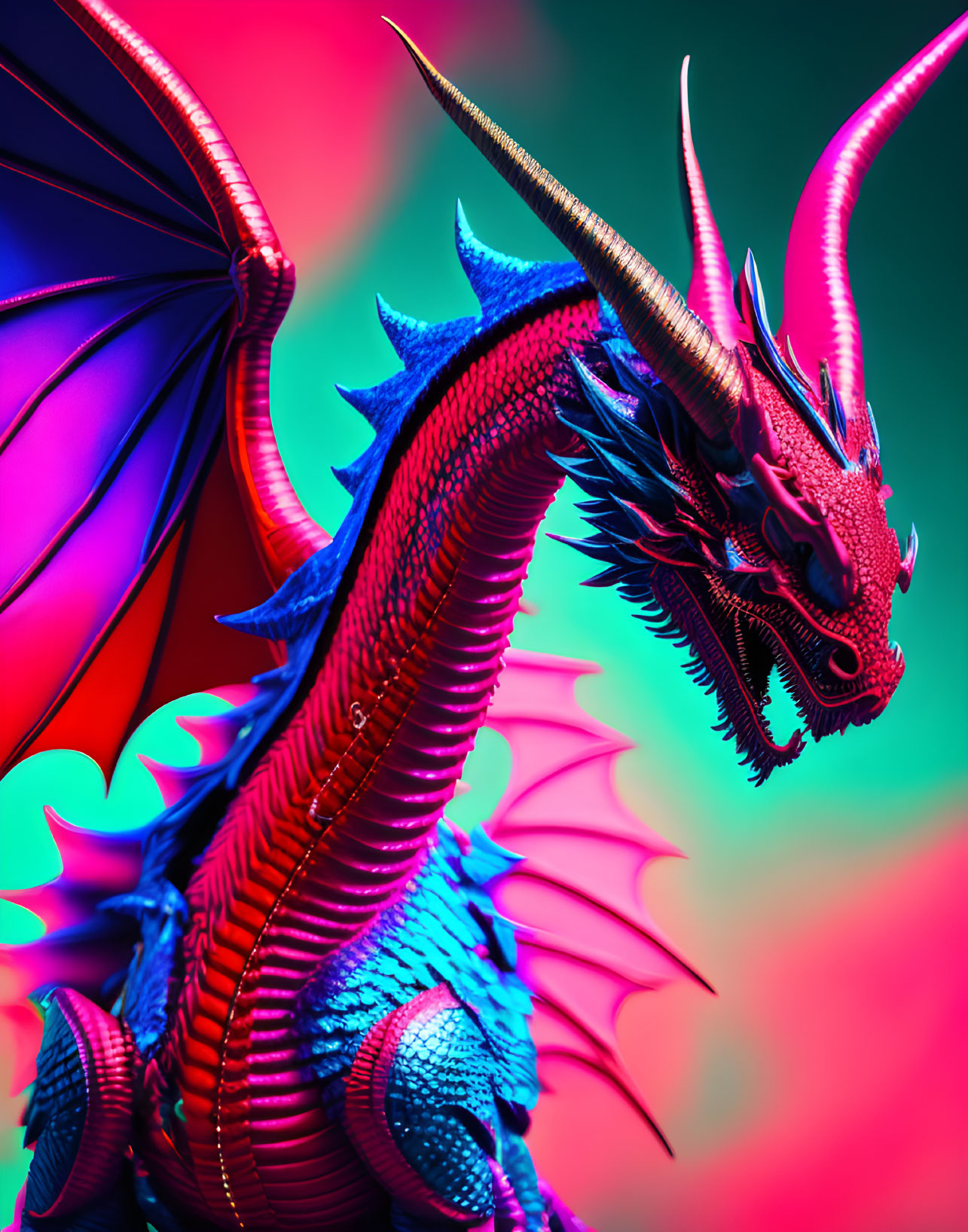Colorful 3D-rendered dragon with blue scales and purple wings on gradient background