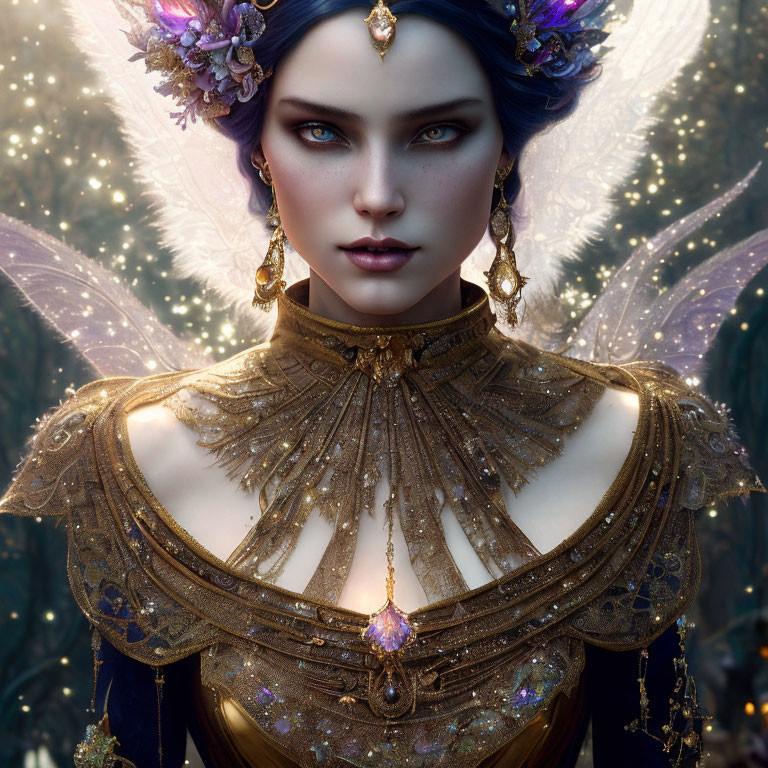 Fantastical female portrait with blue eyes, gold jewelry, gemstone tiara, and translucent wings