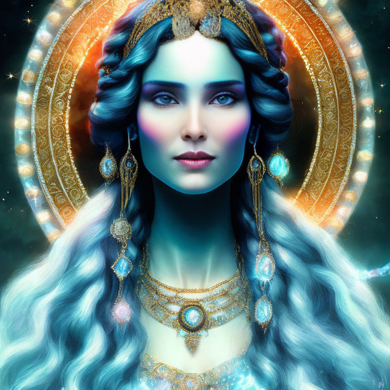 Fantasy female figure with blue wavy hair and golden halo headpiece